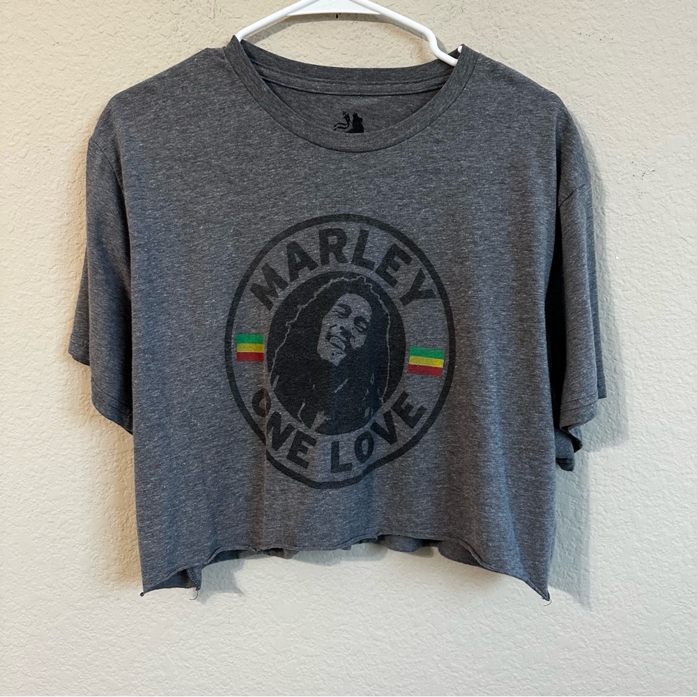 Bob Marley Crop Top Grey Short Sleeve T-Shirt One Love Graphic Rasta Jamaica